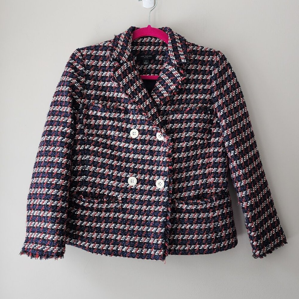 Ann Taylor Lined Tweed Jacket Size 6P Blazer Double Button Red White Blue Black